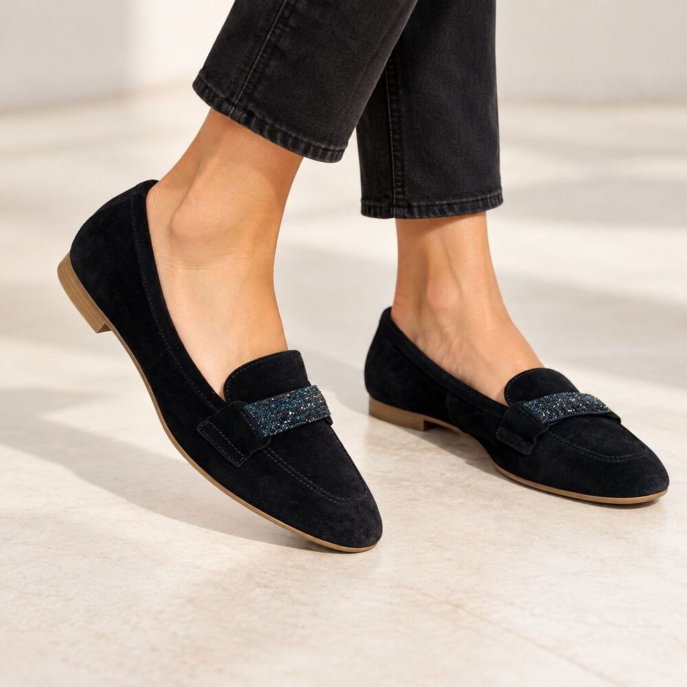 CafeNoir Suede Rhinestone Loafers Women 40 US 9.5 Black Leather Made Italy Flats